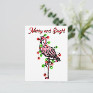 Cartão Postal Festive holiday Flamingo red green Xmas lights
