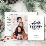 Cartão Postal Festivo Feliz Natal Dourado Starburst Uma Foto<br><div class="desc">Espalhe a alegria das festas com este cartão-postal com uma festiva rajada de ouro falso e uma arte de tipografia manuscrita que diz "Feliz Natal". Personalize carregando sua foto vertical. O backside apresenta as saudações, o nome e a nota personalizados (ou apagar para deixar espaço para uma nota manuscrita). Adicione...</div>