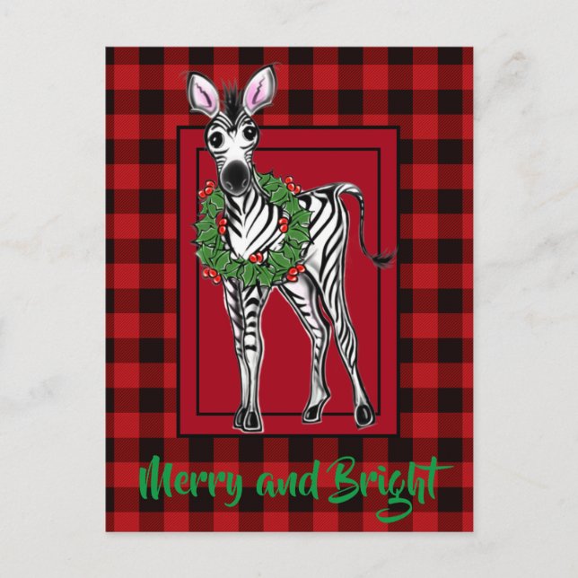 Cartão Postal Festivo Foliday Zebra Holly Wreath | búfalo vermel (Frente)