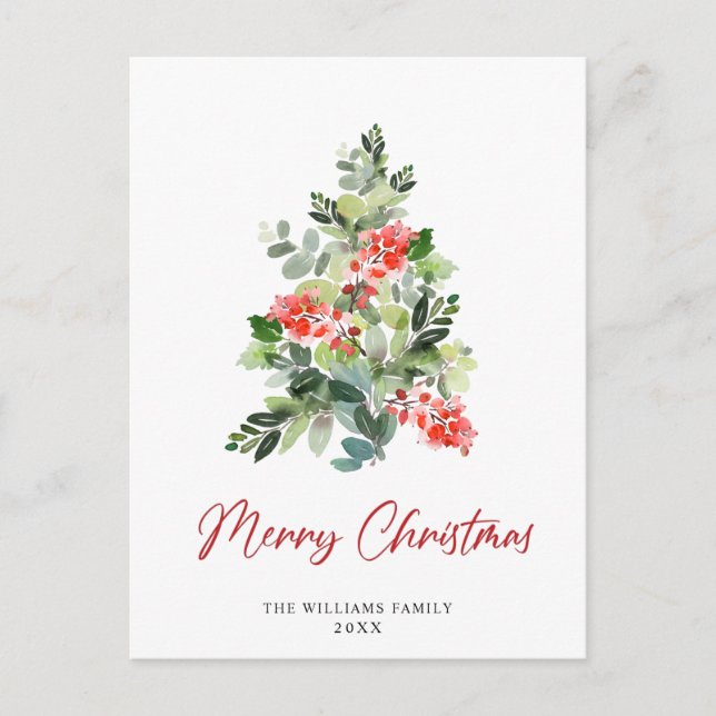 Cartão Postal Festivo Holly Christmas Tree Saudação Feriado (Frente)