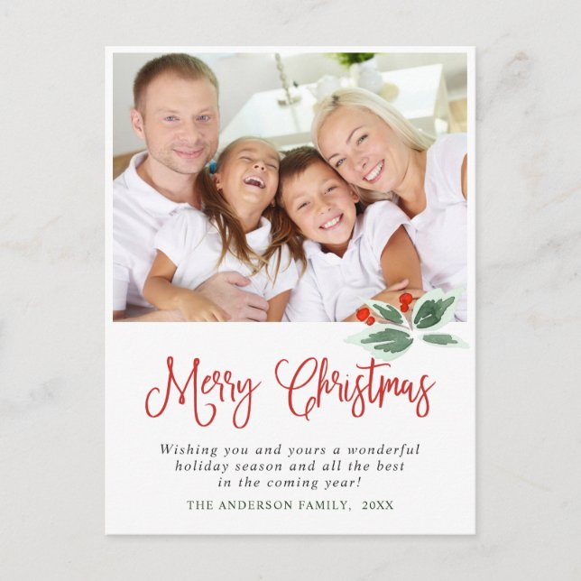 Cartão Postal Festivo Holly Wreath Natal Saudação Po Feriado (Frente)