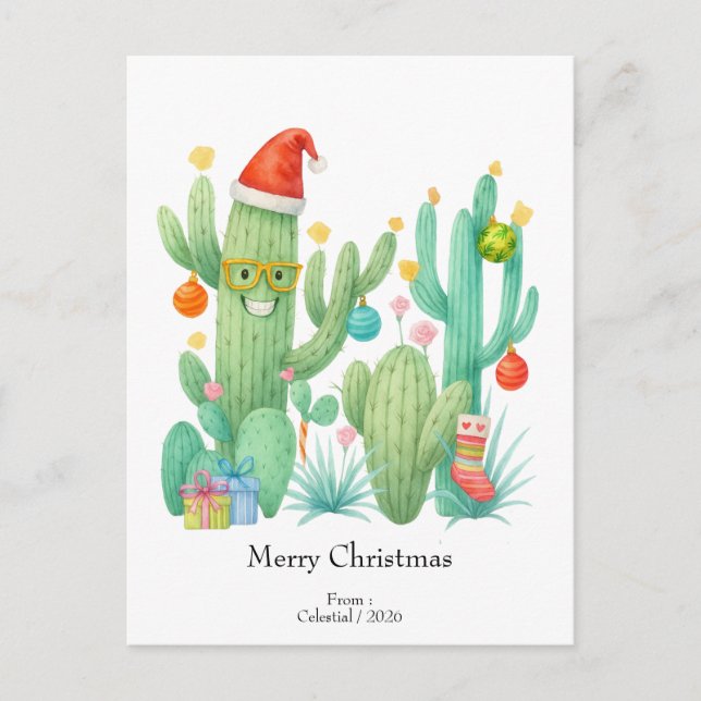 Cartão Postal Festivo Natal Cactus com Papai Noel e Ornamento (Frente)