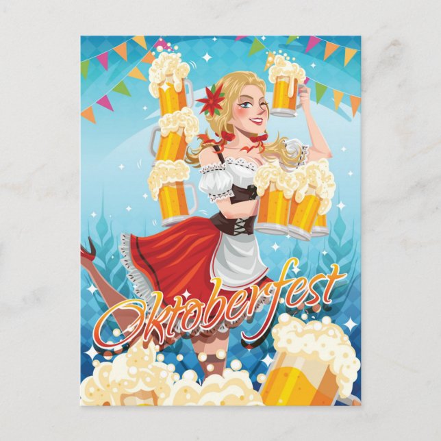 Cartão Postal Festivo Oktoberfest Maid in Red with Beers (Frente)