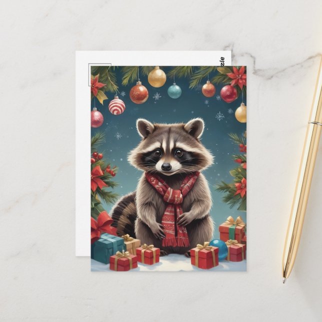 Cartão Postal Festivo Raccoon nas Luzes de Natal (Frente/Verso In Situ)