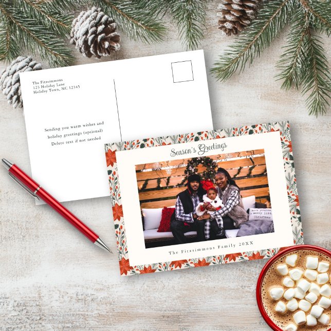 Cartão postal Festivo Red Poinsettia Feriado (Poinsettia Season Photo Christmas Postcard white)