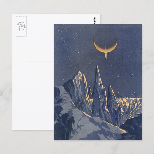 Cartão Postal Ficção científica retrô, planeta de neve da lua cr (Frente/Verso)