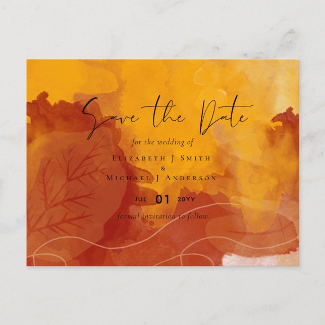 Cartão Postal Fiery Orange Watercolor Abstrato Sunset Wedset (Frente)
