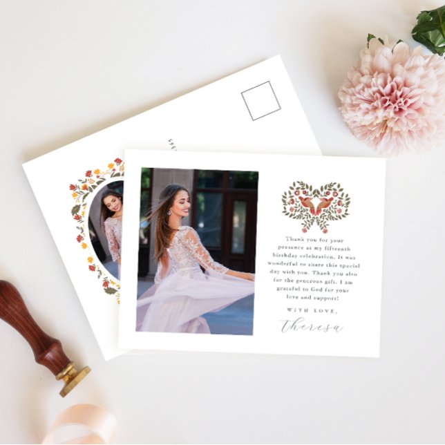 Cartão Postal Fiesta 2 Foto Quinceanera Floral Obrigado (Criador carregado)