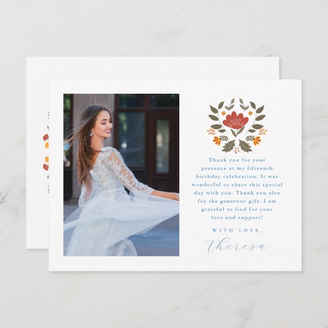 Cartão Postal Fiesta Duas Fotografias Blue Quinceanera Floral Ob (Frente/Verso)