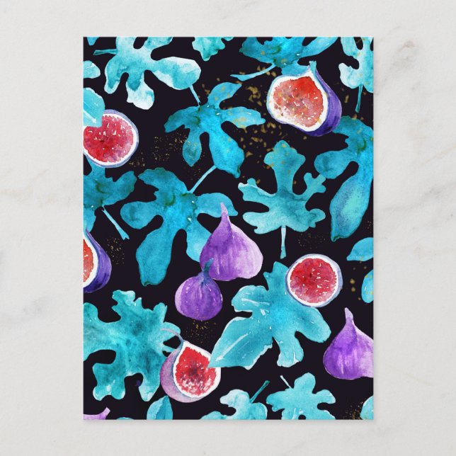 Cartão Postal Figos em Aquarela Moderna sobre Fundo Preto (Frente)