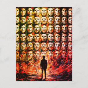 Cartão Postal Figura Sem Rosto Multidão Máscara Impasto Surreal 