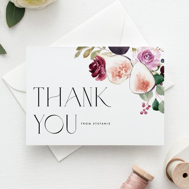 Cartão Postal Figuras de Aquarela e Flores Borgonha Agradeciment (Botanical thank you postcard featuring watercolor figs, berries & burgundy flowers. For fall events.)