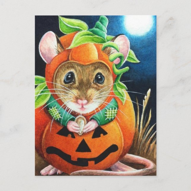 Cartão Postal Figurino de Halloween Pumpkin Mouse Watercolor Art (Frente)
