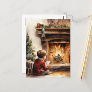 Cartão Postal Filha de lareira de aquarela de Natal esfestiva
