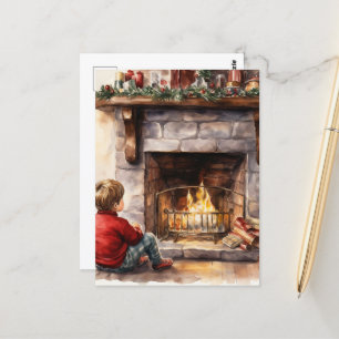 Cartão Postal Filha de lareira de aquarela de Natal esfestiva