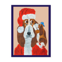 Filhote de Basset contando ao Papai Noel seus dese