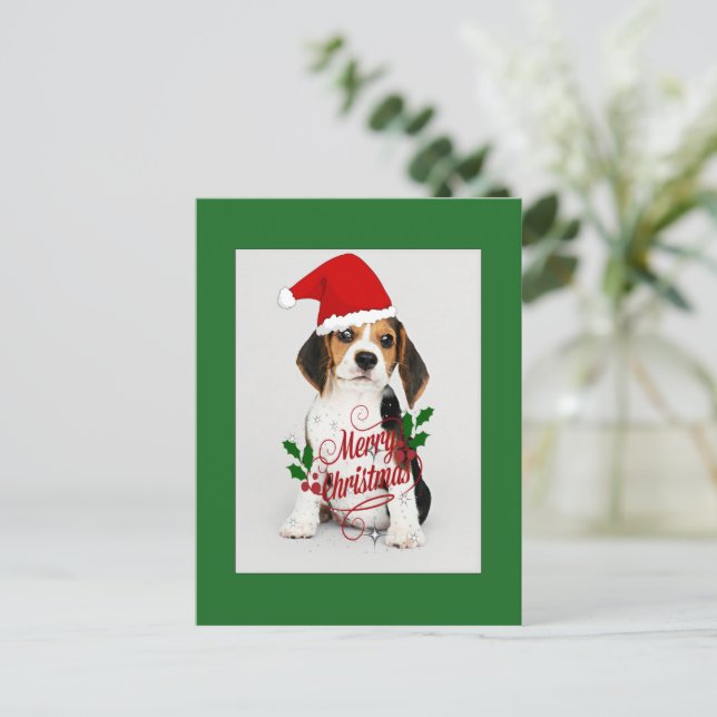 Cartão Postal Filhote de Beagle com Chapéu de Papai Noel - Feliz (Em pé/Frente)