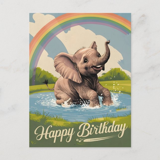 Cartão Postal Filhote de Elefante Crianças Feliz Aniversário (Frente)