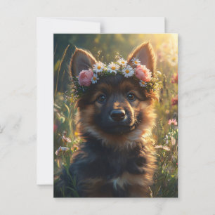 Cartão Postal Filhote de Pastor Alemão com Coroa de Flores