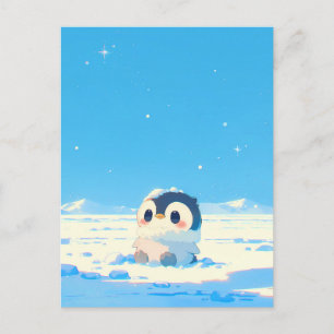 Cartão Postal Filhote de Pinguim Fofo em Paisagem Ártica Estrela