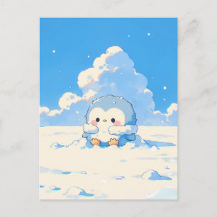 Cartão Postal Filhote de Pinguim Fofo em Paisagem Ensolarada e N