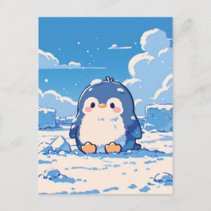 Cartão Postal Filhote de Pinguim Fofo na Paisagem Ártica Nevada