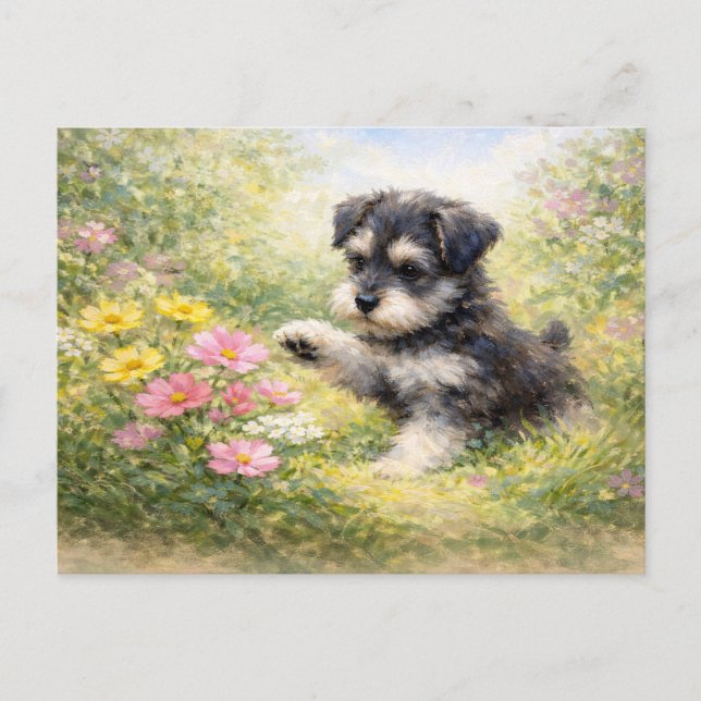Cartão Postal Filhote de Schnauzer Flores da Primavera (Frente)