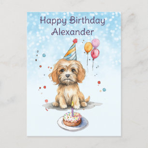 Cartão Postal Filhote Fofo com Chapéu de Festa de Aniversário