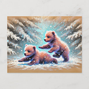 Cartão Postal Filhotes de Urso Brincalhões na Neve Desenho a Giz