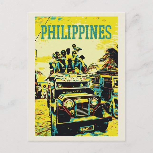Cartão Postal Filipinas, jeepney sobrecarregada (Frente)