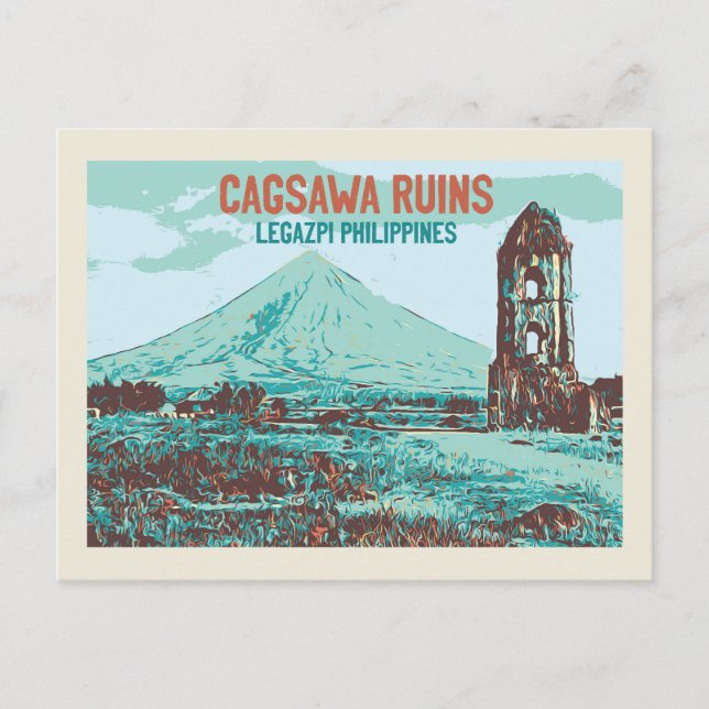Cartão Postal Filipinas, ruínas de Cagsawa, Legazpi, vulcão Mayo (Frente)