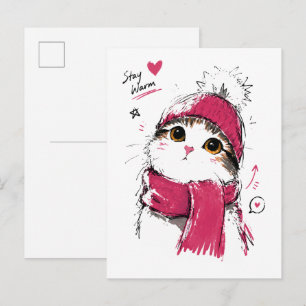 Cartão Postal Fique Aquecido Gatinho Fofo com Gorro e Cachecol d