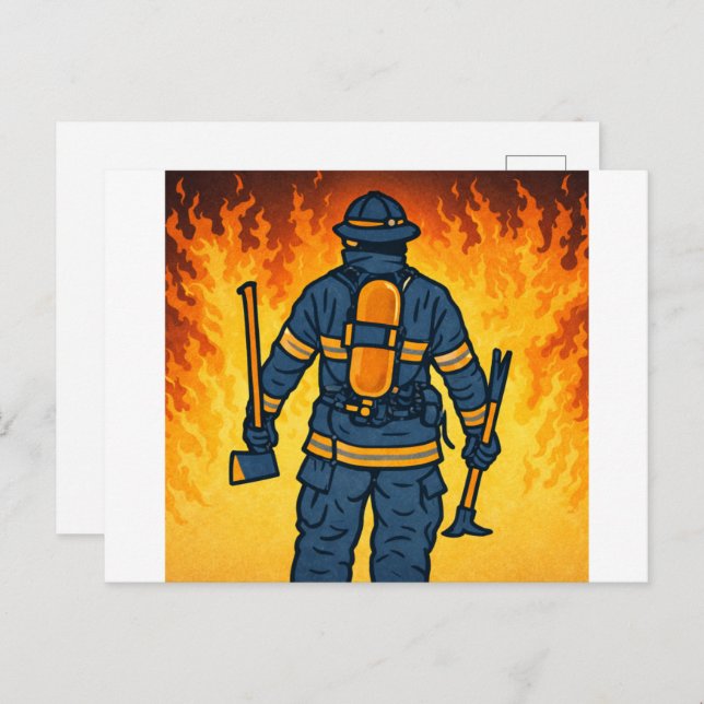 Cartão Postal Firefighter Standing Against the Flames (Frente/Verso)