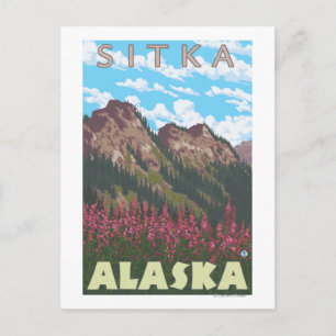 Cartão Postal Fireweed & Montanhas - Sitka, Alasca