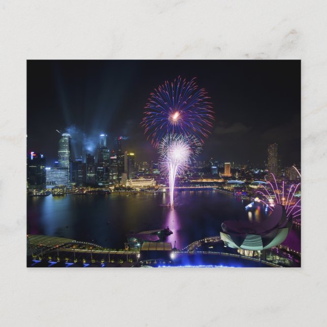 Cartão Postal Fireworks Show no Boat Quay Singapore City Skyline (Frente)
