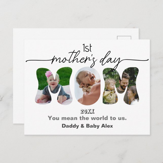 Cartão Postal First Mother's Day 3 Photos Collage Mom cut out (Frente/Verso)