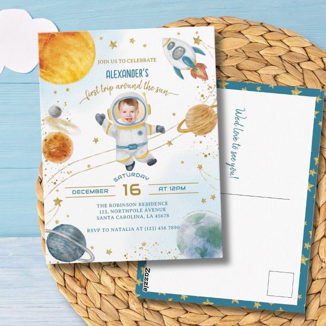 Cartão Postal First Trip Around the Sun Space Photo Birthday (Criador carregado)