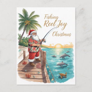 Cartão Postal Fishing Reel Joy Natal com Papai Noel Feriado 