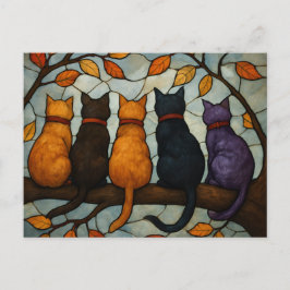 Cartão Postal Five Cats on a Tree Branch Stained Glass Style