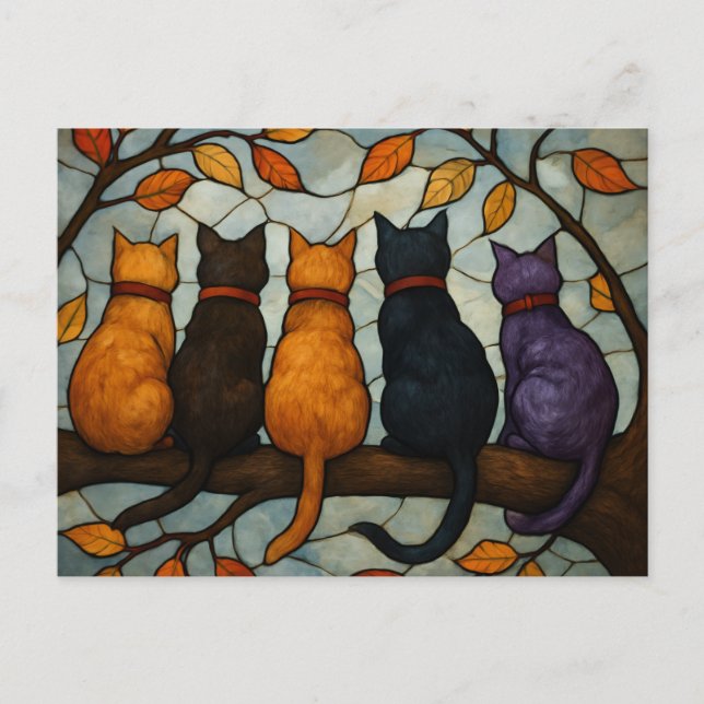 Cartão Postal Five Cats on a Tree Branch Stained Glass Style (Frente)