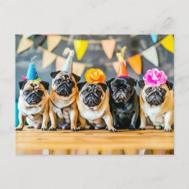 Cartão Postal Five Pugs with Party Hats Together