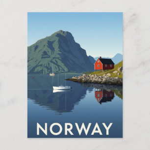 Cartão Postal Fjord da Noruega com Cabana Vermelha