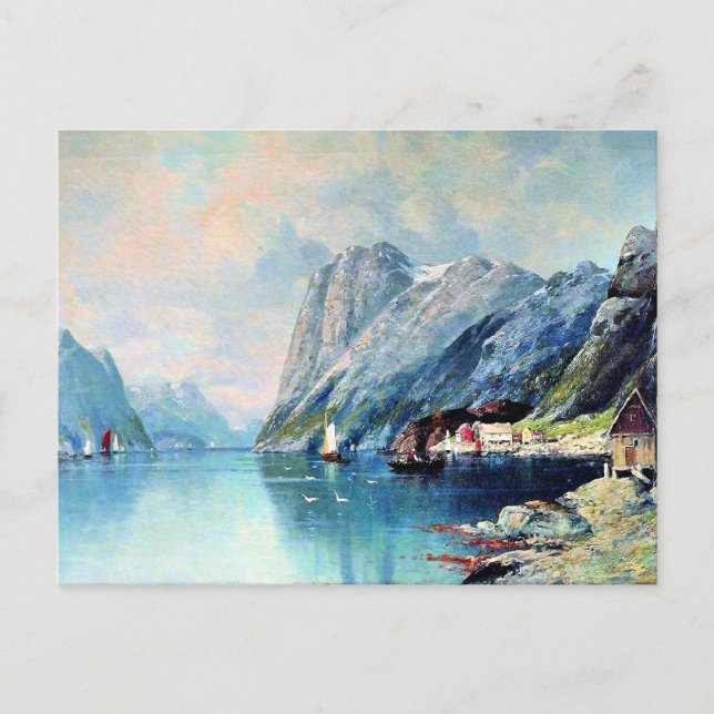 Cartão Postal Fjord na Noruega, pintura de arte, (Frente)