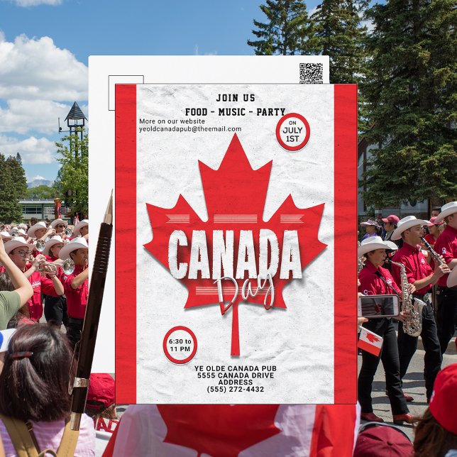 Cartão Postal Flag Canada Day Julho 1rua Red Maple Leaf Invitati (Celebrate Canada Day postcard. Send out to friends, family and groups. Food, music and a fun party.)