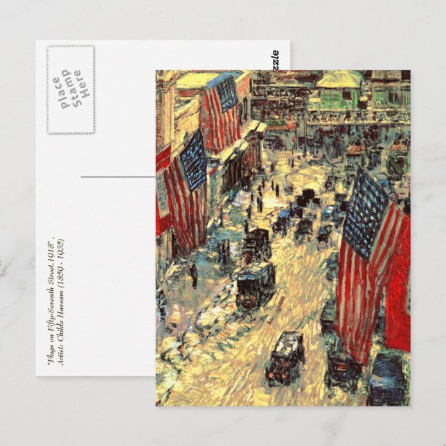 Cartão Postal "Flags on Fifty-Sétima Street", por Childe Hassam (Frente/Verso)
