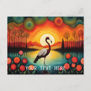 Cartão Postal Flamingo Bird Lake Sunset Colorida Floral