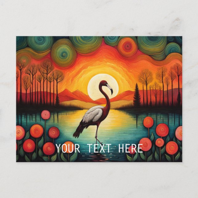 Cartão Postal Flamingo Bird Lake Sunset Colorida Floral (Frente)