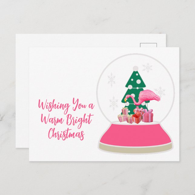 Cartão Postal Flamingo Christmas Snowglobe Beach Christmas (Frente/Verso)