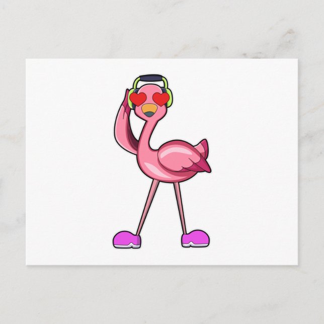 Cartão Postal Flamingo com Fone de Ouvido e Corações (Frente)