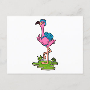 Cartão Postal Flamingo como Mochileiro com Mochila